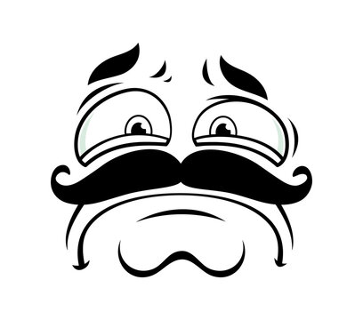 Cartoon face with sad emotion, exhaustion and defeat expression. Funny comic character with large round eyes, thick curled mustache and deep frowning mouth for social media reaction emoji packs
