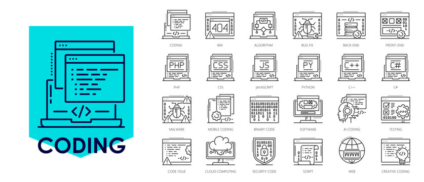 Software program code vector icons set. Outline coding and development symbols including algorithm, bug fix, malware and programming languages. Vector icons of tech website, software documentation