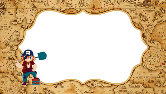 Kids pirate diploma certificate with funny corsair and treasure map frame. Kid boy pirate with treasure chest and spade on Caribbean Island map for diploma certificate or appreciation letter award