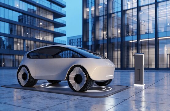 Futuristic autonomous electric taxi parked at a modern charging station