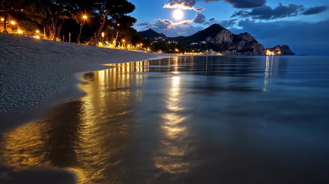 A mesmerizing moonlit beach at night, with golden reflections on the calm ocean waves. 4k Video footage.