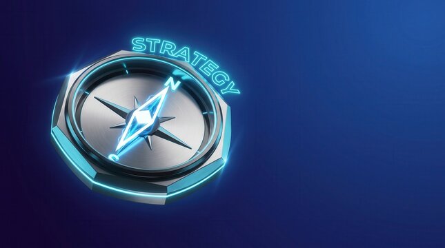 Strategy business compass with glowing blue neon text, metallic navigation tool for corporate direction, futuristic strategic planning concept