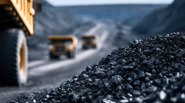 Large mining trucks transport coal in an open pit quarry. Represents energy production and industrial mining operations.