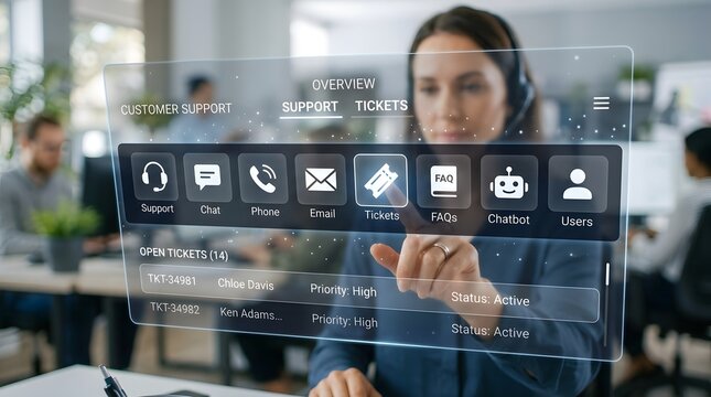 Woman using a holographic customer support interface with icons and open tickets display