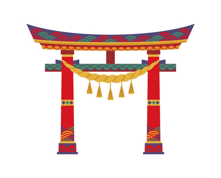 Japanese pagoda red torii gate, Asian temple entrance arch. Oriental Eastern cultural arc, Chinese portal gateway. Traditional Paifang architecture building of temple and pagoda roof with columns