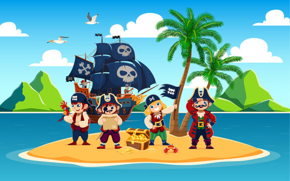 Cartoon kid pirate ship crew characters on Caribbean island beside a palm tree and a treasure chest overflowing with gold coins. Children corsairs team with black skull flag and ship anchored offshore