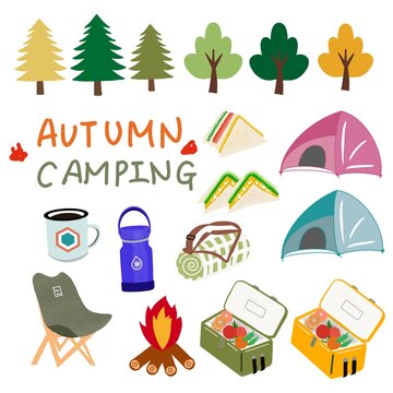 Hand drawn illustration of autumn camping collection on white background