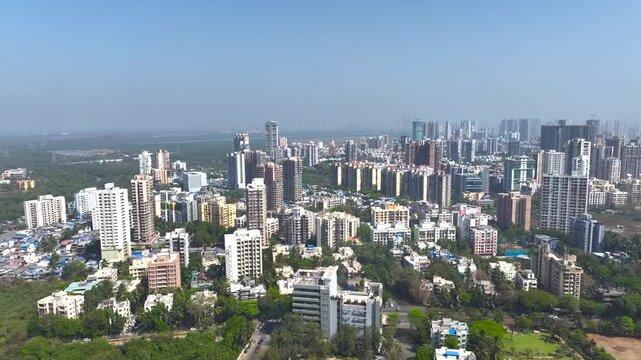 Aerial drone view of Mumbai skyline with modern high rise buildings India,

