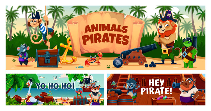 Cartoon funny animal pirates characters on treasure island and sail ship deck. Cute lion and monkey pirates captains, happy turtle, tiger, crab and rat, hippo, frog and hedgehog animal corsair sailors