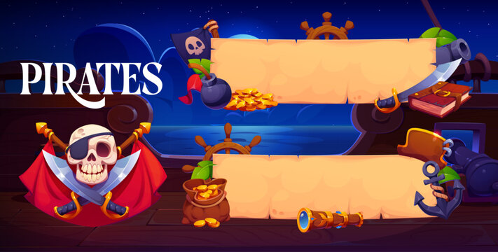 Pirate game or holiday party banners with ship deck at night featuring skull with eye patch and crossed swords, treasure coins, spyglass, cannon, anchor or steering wheel evoking adventure corsair fun