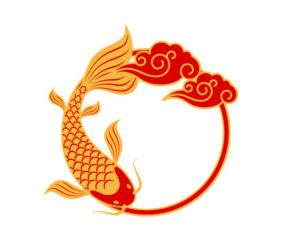 Koi fish oriental round frame with Asian Chinese and Japanese ornament. Vector circular border featuring gold and red carp with cloud symbolizing prosperity luck harmony and Lunar New Year celebration