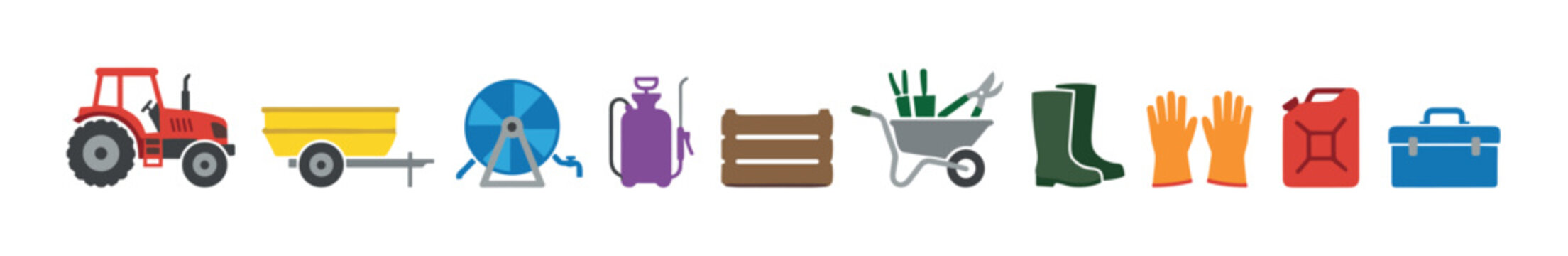 Farming and gardening tools and equipment collection including tractor, sprayer, wheelbarrow, boots, and gloves for agricultural work.