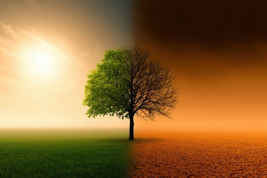 A tree standing between a lush green landscape and a dry cracked desert. Conceptual imagery for climate change.