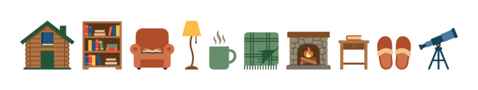 Cozy home comfort items collection for relaxation and leisure activities, featuring a log cabin, bookshelf, armchair, fireplace, and warm accessories.