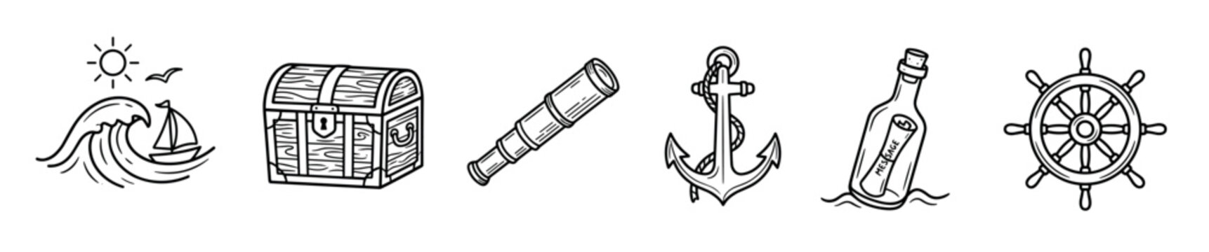 Hand drawn nautical pirate adventure icons set features a sailing ship, treasure chest, telescope, anchor, message in a bottle, and ship's wheel.