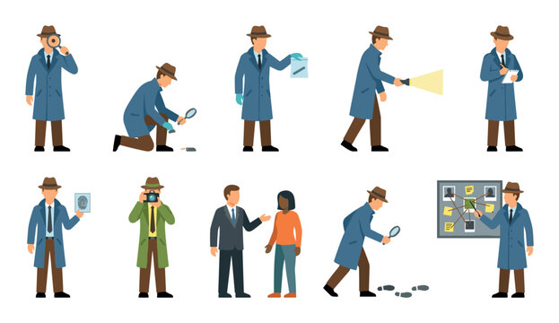 Comprehensive set of professional detectives investigating various crime scenes, gathering evidence, interviewing witnesses, and analyzing clues for forensic analysis and solving mysteries.