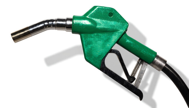 Green fuel pump nozzle with metallic spout and black hose isolated on white background symbolizing gasoline diesel refueling energy consumption and transportation industry