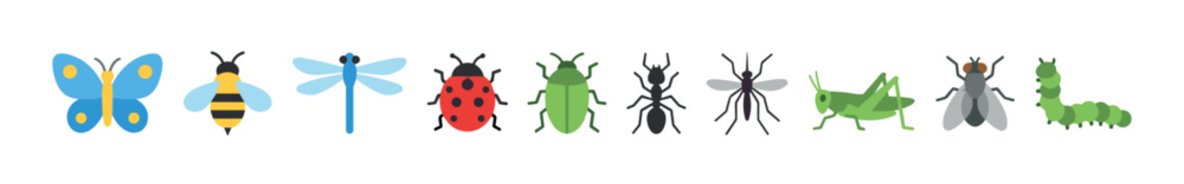 Various colorful cartoon insects including butterfly bee dragonfly ladybug and other common bugs are arranged in a playful, educational illustration.