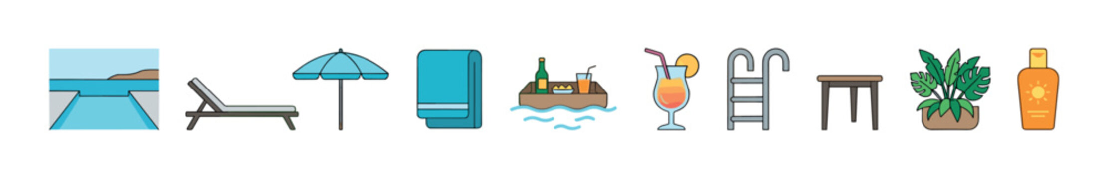 Swimming pool accessories and summer vacation elements collection featuring various flat design icons for leisure and relaxation activities.