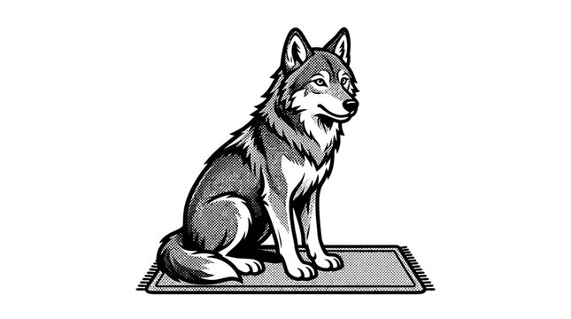Gray wolf sitting on a mat.