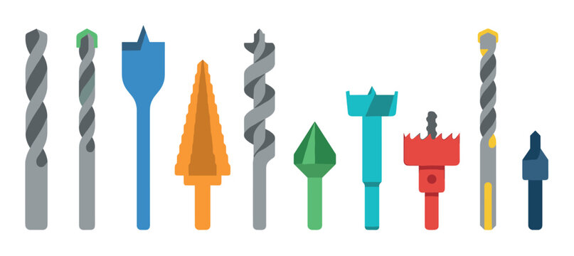 Diverse collection of drill bits, including twist, spade, step, and hole saw designs, presented in a vibrant flat vector illustration.