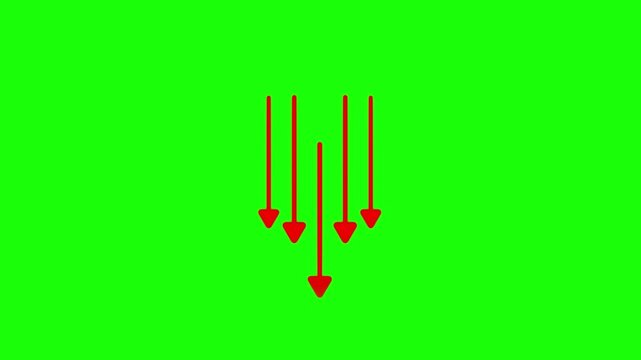Animated red arrows pointing downward on green screen background, for motion direction, motion animation