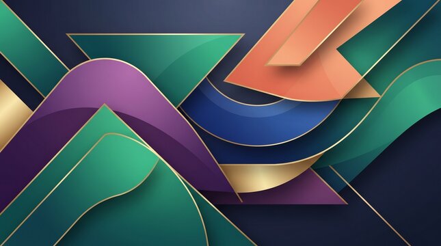 An elegant modern geometric background featuring colorful layered shapes in emerald green, royal blue, coral orange, purple, and gold accents, smooth gradients, minimal luxury design, soft shadows, pr