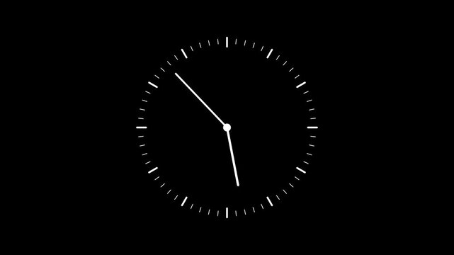 Minimalist analog clock face animation, fast forward time passing concept, white hands on black background