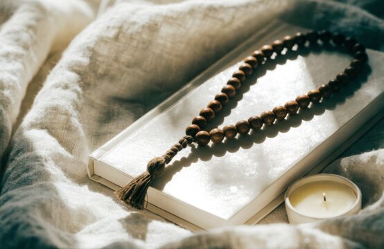 Wooden prayer beads and lit candle on a book, symbolizing spiritual peace
