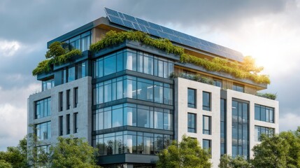 Fototapeta premium Sustainable modern office building with solar panels and rooftop garden.