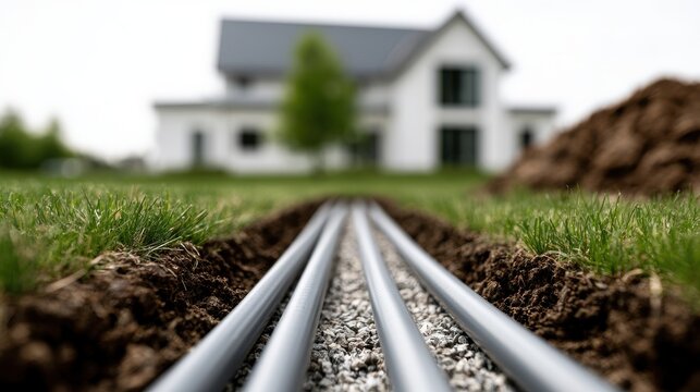 Pipes placed in a trench with gravel for utility installation. This depicts infrastructure development and residential.