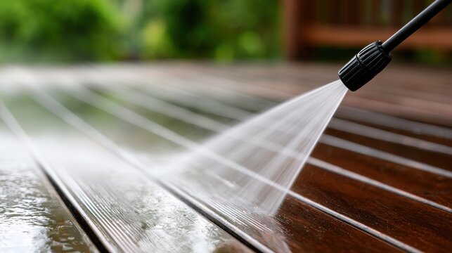 A pressure washer sprays water on a wooden deck in bright daylight. Concept for home improvement and deep outdoor.