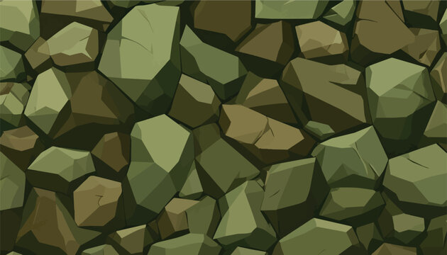 Vector of seamless pattern, cartoon stone wall texture with moss green and brown rocks. Ideal backdrop for games, nature background, fantasy landscape design, banner overlay or architectural surface.