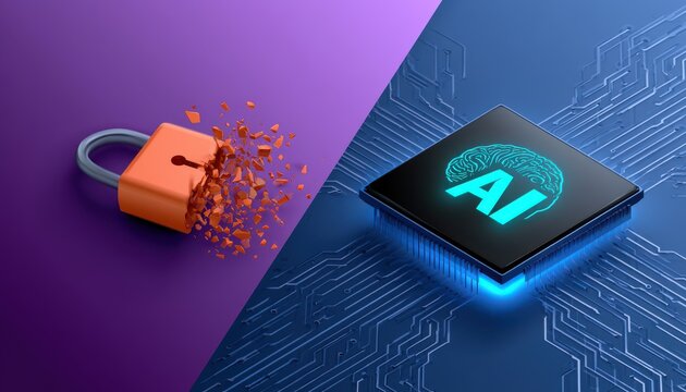 A shattering padlock beside an AI brain chip on a deep blue circuit board background. Illustrating threats to.
