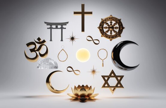 Diverse religious symbols arranged in a harmonious spiritual concept