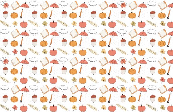 Seamless hand-drawn vector pattern of autumn school elements