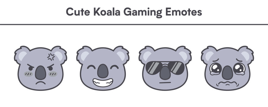 Cute koala gaming emotes set with four different facial expressions isolated on white background for online streamer chat