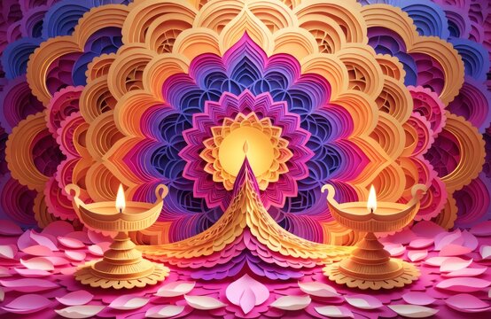 Diwali festival celebration with diyas and colorful mandala background