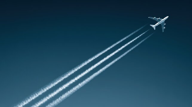 A commercial jet airplane flying high in the deep blue sky. Symbolizes travel, global logistics, and fast transit.