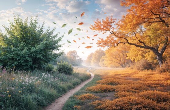 Path through a landscape showing transition from summer green to autumn gold