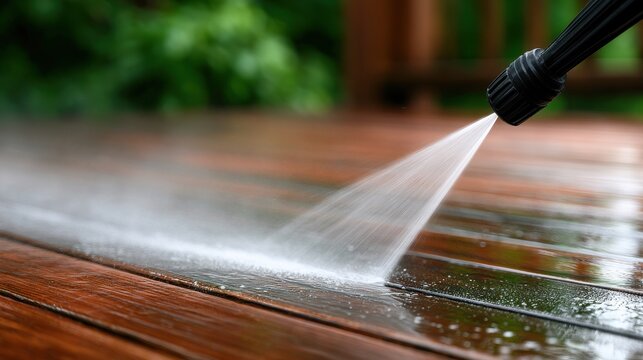A high-pressure water sprayer cleans a stained wooden deck surface in a backyard. Perfect for exterior home.