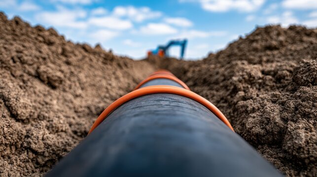 Black industrial pipeline laid in a deep trench during construction. Infrastructure development project concept.