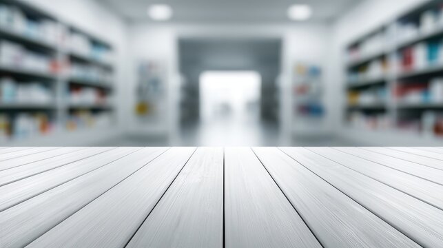 A blurred pharmacy aisle viewed from a bright white wooden table in the foreground. Ideal for medical product display.