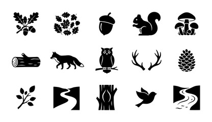 15 Nature forest linear icon set oak leaf acorn squirrel mushroom fox owl antlers pine cone, UI and web interface design © Nahid Rana