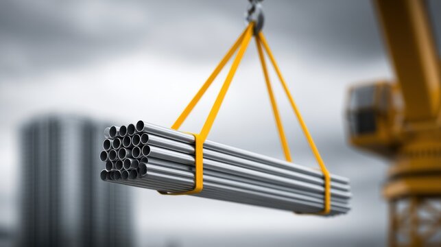 Industrial crane lifting a bundle of steel pipes against a gray sky. Construction and infrastructure development.