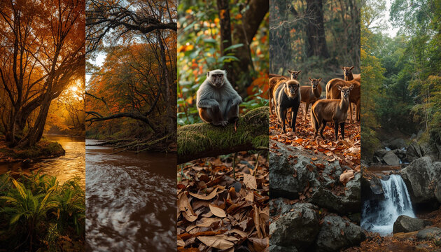 Wild animals in autumn forest collage, set of 5 nature landscape photos, monkey and deer in golden fall woods with river and waterfall