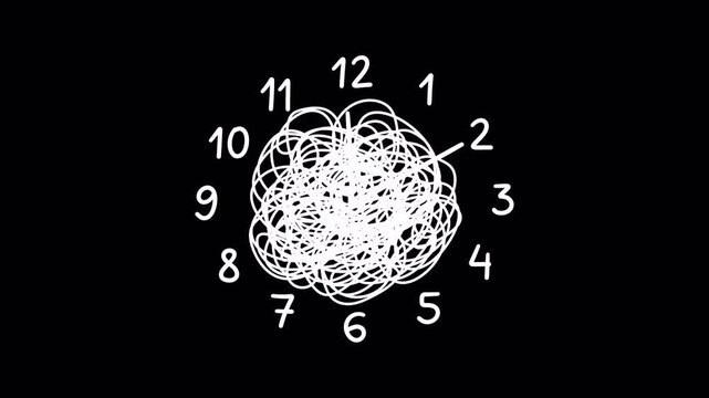 Doodle clock with tangled scribble mess on transparent background, conceptual hand drawn time anxiety loop. time anxiety, stress, ADHD, poor time management, impending deadlines, feeling overwhelmed