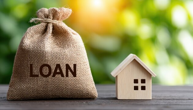 A burlap sack labeled loan stands next to a small wooden house. Home mortgage and real estate investment concept.