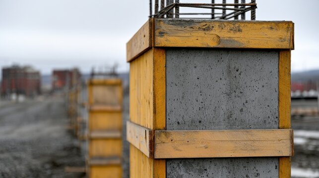 Concrete pillars stand on a construction site with wooden forms. Concept for infrastructure and civil engineering.