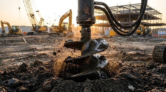 Drilling, construction site, heavy machinery, industrial equipment, earth drilling